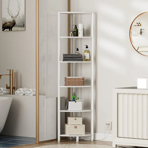 Six Tier Corner Shelf With LED Light, 67.5 Inch Tall White Narrow Bookshelf in bathroom setting, metal frame, wood shelves