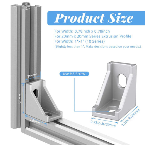50 Piece Aluminum Profile Connector Kit For 6mm Slot Extrusions White Corner Brackets With 100 M5 T Nuts And 100 M5 X 8mm Hex Screws For DIY CNC Printer Frame And Robotics Build showing corner bracket dimensions.