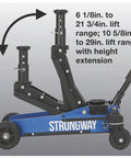 Side view of Beefy 3 Ton Aluminum Off-Road Jack for Trucks and SUVs with 29-Inch Lift and Steel Skid Plate showing lift range.