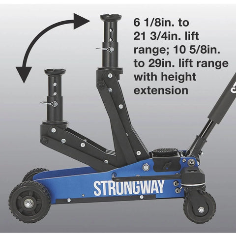 Side view of Beefy 3 Ton Aluminum Off-Road Jack for Trucks and SUVs with 29-Inch Lift and Steel Skid Plate showing lift range.