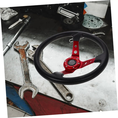 Dope 14 Inch PU Racing Steering Wheel For Cars Golf Carts And Trucks, Ergonomic Grip, Red Finish With Horn Button on workbench