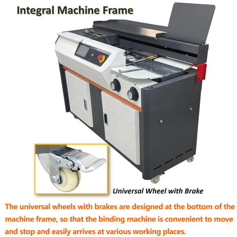 Auto Book Binding Machine A4 With 7 Inch Touch Screen Side Glued Binder featuring universal wheels for easy mobility