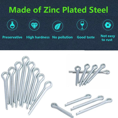 Heavy Duty Cotter Pin Assortment Kit With 555 Steel Cotter Pins showing various zinc plated steel pins on blue background