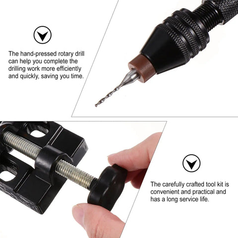 Close-up of Hand Drill Kit For Jewelry Making And Woodworking Rotary Drill With Twist Bits Vise and PCB Drill Bits tool in use