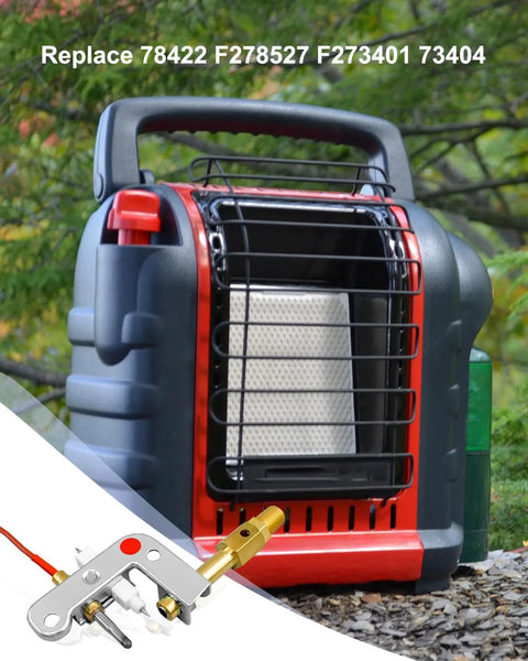 Propane heater front view with red base and gray body, black grille, propane tank visible nearby.