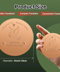 Copper Disc Bird Bath Purifier Plate With Three Point Support For Outdoor Use Keeps Water Clean Naturally Purified By Pure Copper Action 99.99 Percent Pure Copper With Patina Layer To Help Backyard Birds Stay Hydrated, shown next to hand for size reference.