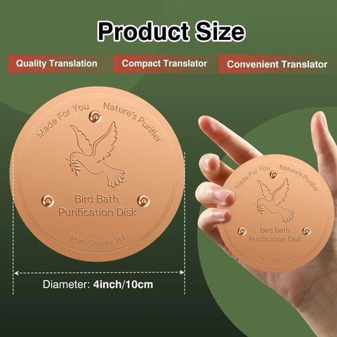 Copper Disc Bird Bath Purifier Plate With Three Point Support For Outdoor Use Keeps Water Clean Naturally Purified By Pure Copper Action 99.99 Percent Pure Copper With Patina Layer To Help Backyard Birds Stay Hydrated, shown next to hand for size reference.