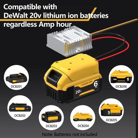 20V To 12V Step Down Power Inverter For Cordless Tool Batteries shown with DeWalt battery compatibility, multiple models displayed