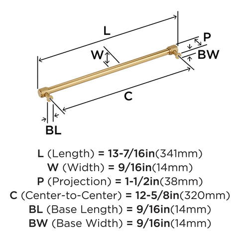 Diagram of Faraday Champagne Bronze Cabinet Pull Twelve and Five Eighths Inch Center to Center Thirteen and Seven Sixteen Inch Overall Length