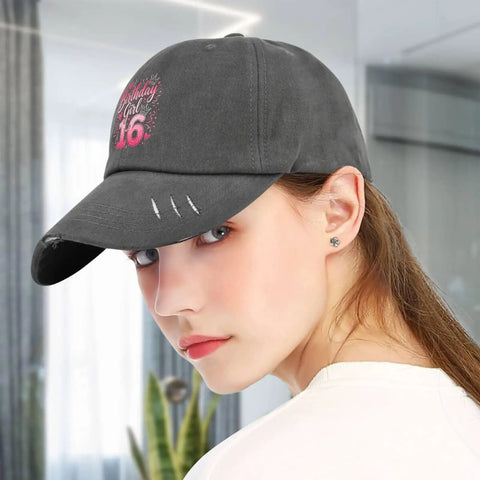 Woman wearing Its My 16th Birthday Dope Lightweight Low Profile Cap For Women Dark Grey Adjustable Buckle Back Strap Unstructured Hat