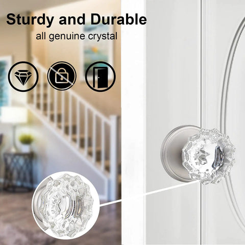 Crystal Half Dummy Glass Door Knob Set For Hall And Closet Interiors, Non Turning No Locking Handle, Satin Nickel Finish on door