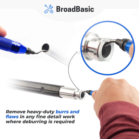 Deburring tool kit with blue handle and 20 HSS blades; front view showing 360° swivel burr remover for metal and pipes.
