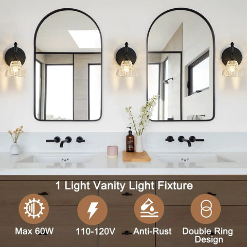 Bathroom with Matte Brass Vintage Vanity Light Fixture With Flower Shaped Glass Shades Over Mirror Five Light Wall Sconce