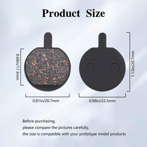 Round bicycle disc brake pad for Hayes Sole, black with copper speckled friction material, front/back view.