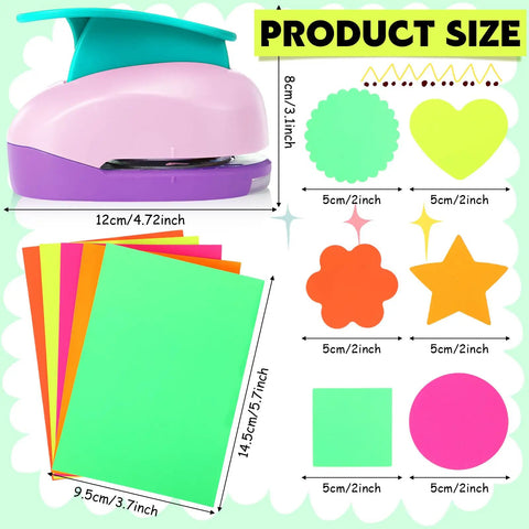 16 Piece Craft Hole Punch Set With 6 Shapes And 2 Inch Punches, Includes 10 Sheets Cardstock for Scrapbooking and DIY Projects