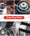 Ten Piece Snap Ring Pliers Set For Automotive Retaining Rings Removal And Installation Including Internal And External Circlips With Straight And Bent Jaw, Hook And Pick Tools In A Garage Ready Storage Case shown in various uses and views