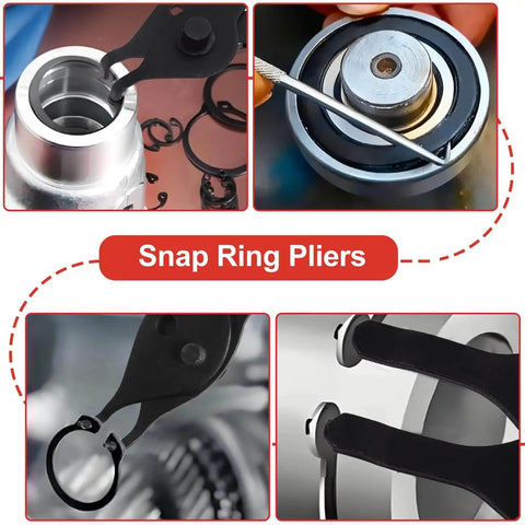 Ten Piece Snap Ring Pliers Set For Automotive Retaining Rings Removal And Installation Including Internal And External Circlips With Straight And Bent Jaw, Hook And Pick Tools In A Garage Ready Storage Case shown in various uses and views
