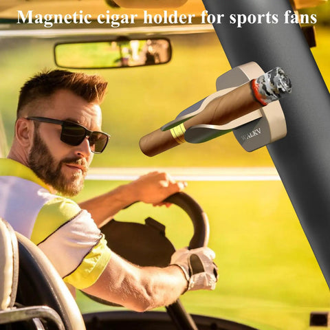 Magnetic Cigar Holder For Golf Cart With Velcro Mount Universal Fit 30 To 60 Ring Cigars Aluminum Champagne Gold in use