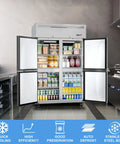 Heavy Duty Four Door Commercial Refrigerator With Stainless Steel Reach In Build And Fast Fan Cooling Delivers Thirty Six Cubic Feet Of Legit Cold Storage For Busy Restaurants Bars And Shops Needing Serious Workhorse Reliability Daily, showcasing interior with drinks and produce.