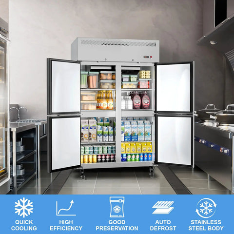 Heavy Duty Four Door Commercial Refrigerator With Stainless Steel Reach In Build And Fast Fan Cooling Delivers Thirty Six Cubic Feet Of Legit Cold Storage For Busy Restaurants Bars And Shops Needing Serious Workhorse Reliability Daily, showcasing interior with drinks and produce.