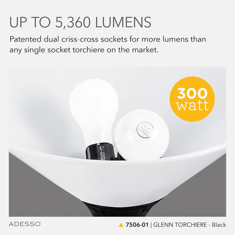 Close-up of Black Torchiere Floor Lamp With Frosted White Shade, 300W Double Socket, bulbs in frosted white shade
