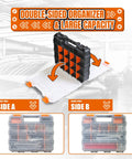 Heavy Duty Tool Box With Clear Lid Dual Side 34 Compartment Organizer Removable Dividers For Hardware Screws Bolts Nails Beads Jewelry And Fishing Gear Orange 2 Pack showcased with side views