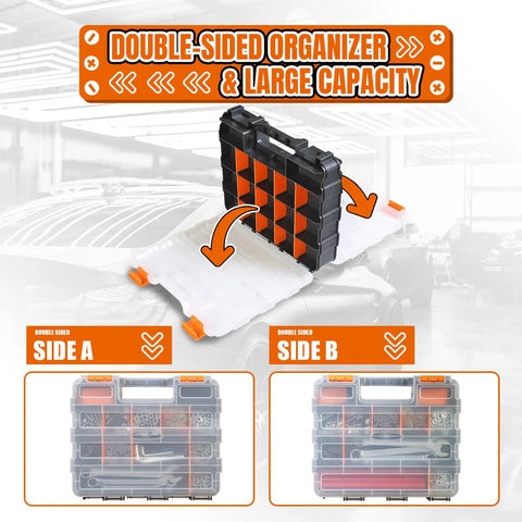 Heavy Duty Tool Box With Clear Lid Dual Side 34 Compartment Organizer Removable Dividers For Hardware Screws Bolts Nails Beads Jewelry And Fishing Gear Orange 2 Pack showcased with side views