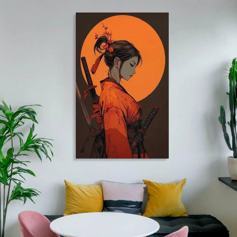 Anime Samurai Girl Sunset Canvas Wall Art Prints Fade Resistant Classical Home Decor For Bedroom Bathroom Living Room Office 12x18 Inch displayed in modern room