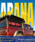 Red vehicle with a rear compartment open, showcasing storage for outdoor gear in a sunny landscape.