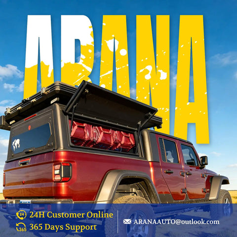Red vehicle with a rear compartment open, showcasing storage for outdoor gear in a sunny landscape.