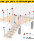 Illustration showing level-drilled and stair cable railing posts on a deck setup.