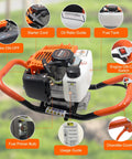Gas Powered Post Hole Digger Auger with 62CC Engine and 2 Stroke Power, showing controls and engine components