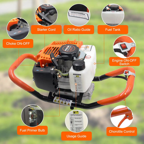 Gas Powered Post Hole Digger Auger with 62CC Engine and 2 Stroke Power, showing controls and engine components