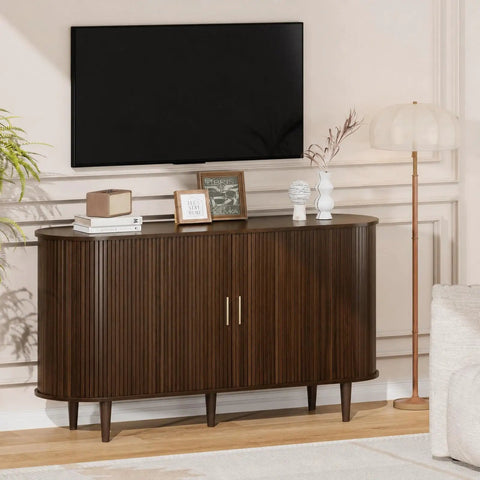 Mid Century Modern Sideboard Buffet Cabinet With Tambour Sliding Doors Fluted Accent Adjustable Shelves Walnut Finish 55 Inch