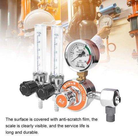 Close-up of Argon Pressure Regulator With Double Tube Design for TIG and MIG welding, G5/8 female thread, zinc alloy body.