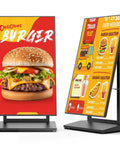 Top Notch 37 Inch Black Digital Signage Display Packing Crisp Fhd Graphics And Android 11, showcasing a burger menu and pricing.