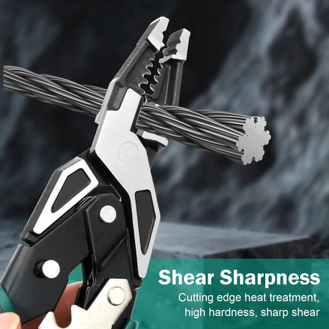Solid Grip Multifunctional Wire Stripper And Crimper Pliers All In One Cable Cutter cutting through wire with sharp jaws.