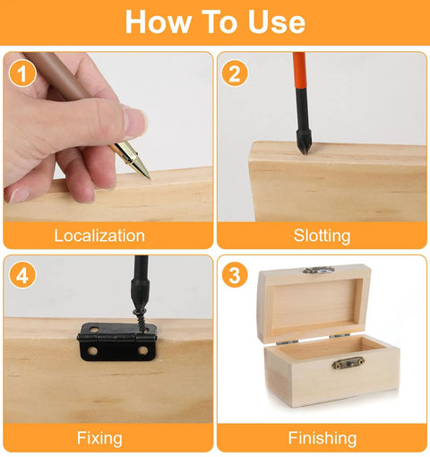 Step-by-step guide for using Mini Stainless Steel Hinge Set For Dyb Crafts on a wooden box with screws and black finish.