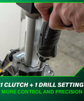 Close-up of Cordless Screwdriver Kit 3.6V with Dual Position Handle in action, showing 21+1 clutch settings in use on metal