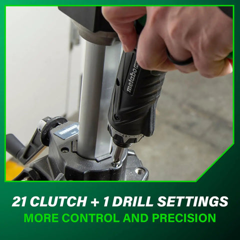 Close-up of Cordless Screwdriver Kit 3.6V with Dual Position Handle in action, showing 21+1 clutch settings in use on metal