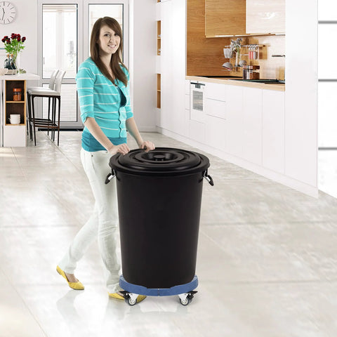 Woman using Round Trash Can Dolly With Wheels, Heavy Duty 440 Lb Capacity, Adjustable 15 To 19 Inch Diameter in a kitchen