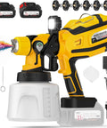 Heavy Duty Cordless Paint Sprayer For House Painting With Two 4000 Mah Batteries and No Strings Attached Design, easy use tubing and nozzle details.