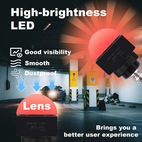 24V DC Industrial Warning Light With Buzzer, 3 Color Single Layer LED Signal Tower Indicator showcasing high-brightness LED in parking garage