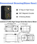 27Kg High Torque Serial Bus Servo Motor Featuring Programmable Magnetic Encoder with dimensions and mounting details.