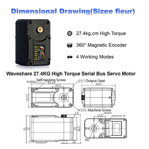 27Kg High Torque Serial Bus Servo Motor Featuring Programmable Magnetic Encoder with dimensions and mounting details.