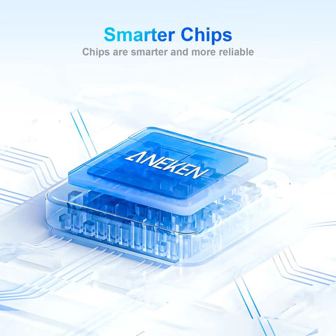 3D illustration of a transparent chip with blue circuits and the brand ANEKEN, highlighting smarter chip technology.