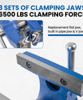 Three sets of clamping jaws on Six Inch Heavy Duty Bench Vise With Rotating Swivel Base And Head Built From Solid Cast Iron.