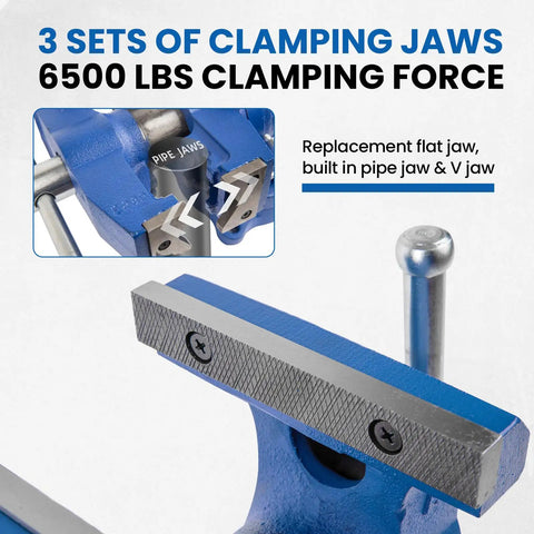 Three sets of clamping jaws on Six Inch Heavy Duty Bench Vise With Rotating Swivel Base And Head Built From Solid Cast Iron.