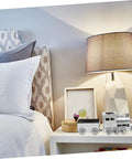 Retro Steam Locomotive Desk Decor for Home Office, silver model on a nightstand next to a lamp and framed photo