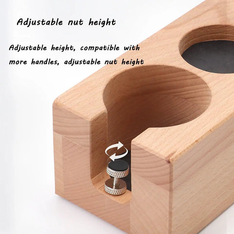 Top Shelf Wood Espresso Tamper Stand Fits 51Mm And 54Mm Tamps with adjustable nut height for versatile use.
